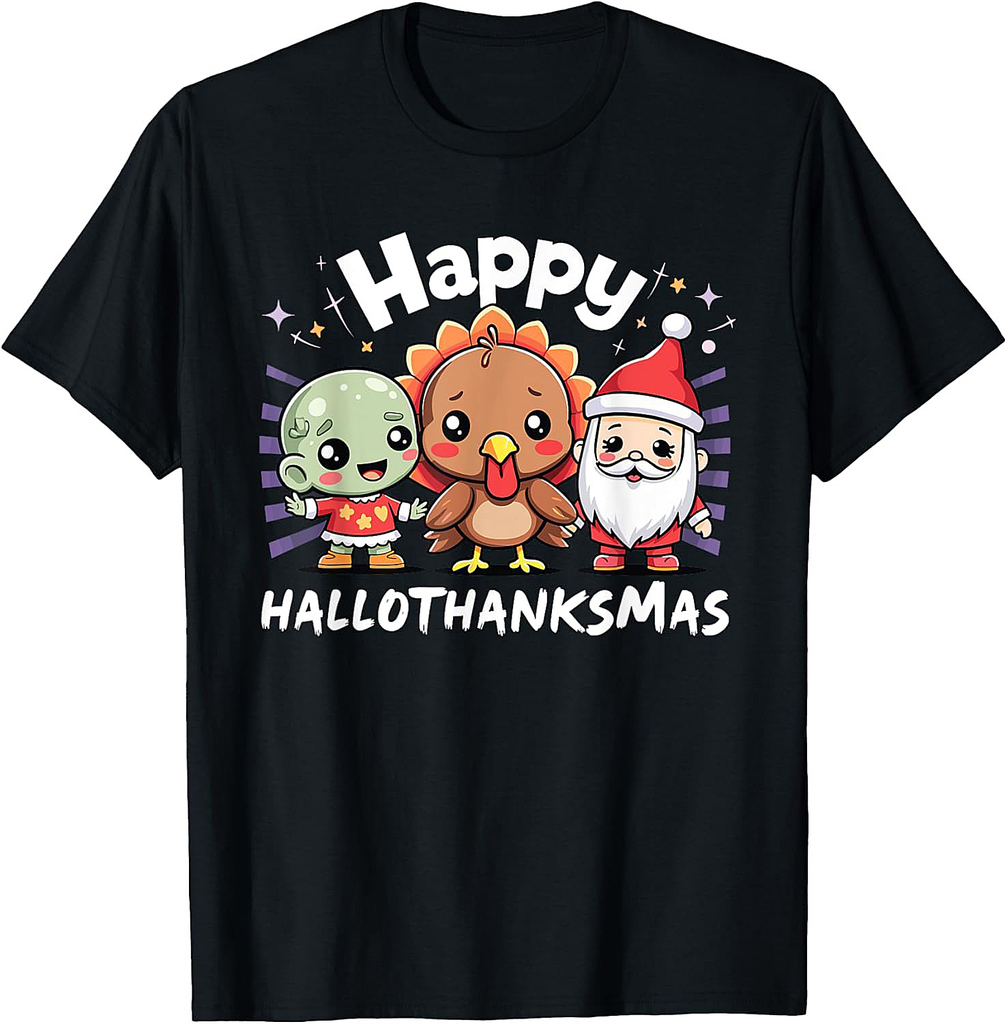 Happy Hallothanksmas Halloween Thanksgiving Christmas T-Shirt