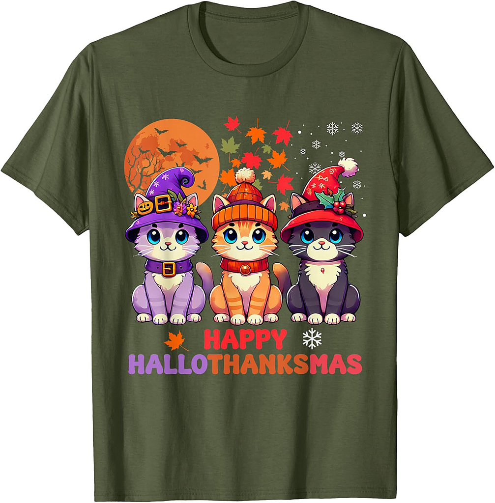 Halloween Thanksgiving Christmas Happy HalloThanksMas Cats T-Shirt