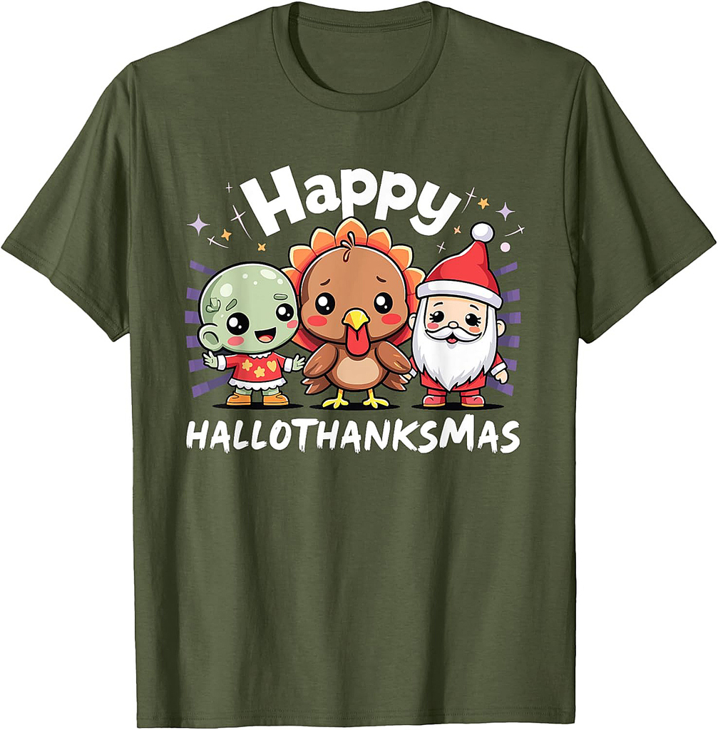 Happy Hallothanksmas Halloween Thanksgiving Christmas T-Shirt