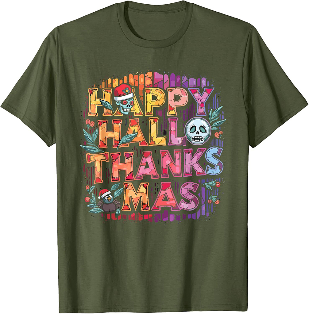 Happy Hallothanksmas Halloween Thanksgiving Christmas T-Shirt
