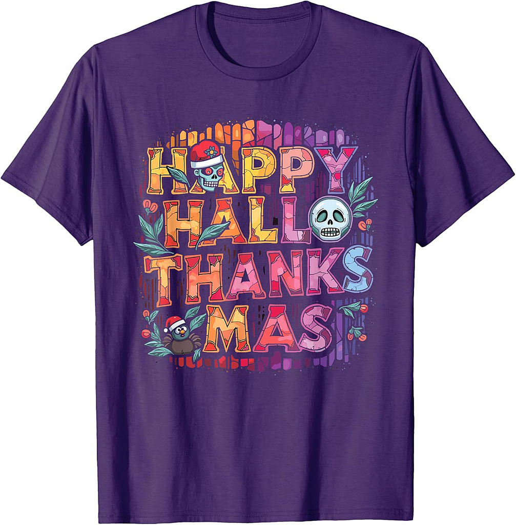 Happy Hallothanksmas Halloween Thanksgiving Christmas T-Shirt