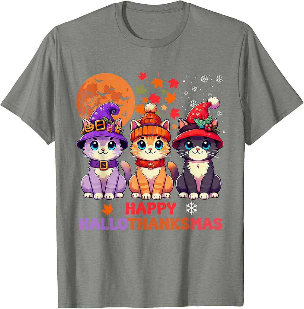 Halloween Thanksgiving Christmas Happy HalloThanksMas Cats T-Shirt