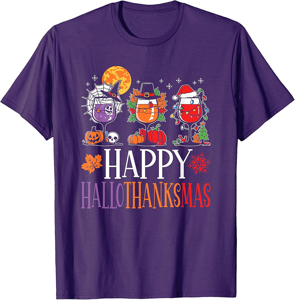 Happy Hallothanksmas Halloween Thanksgiving Christmas Wine T-Shirt