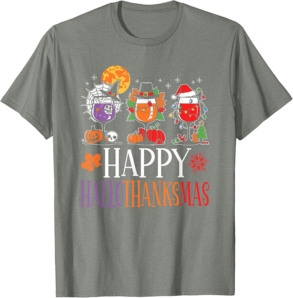 Happy Hallothanksmas Halloween Thanksgiving Christmas Wine T-Shirt