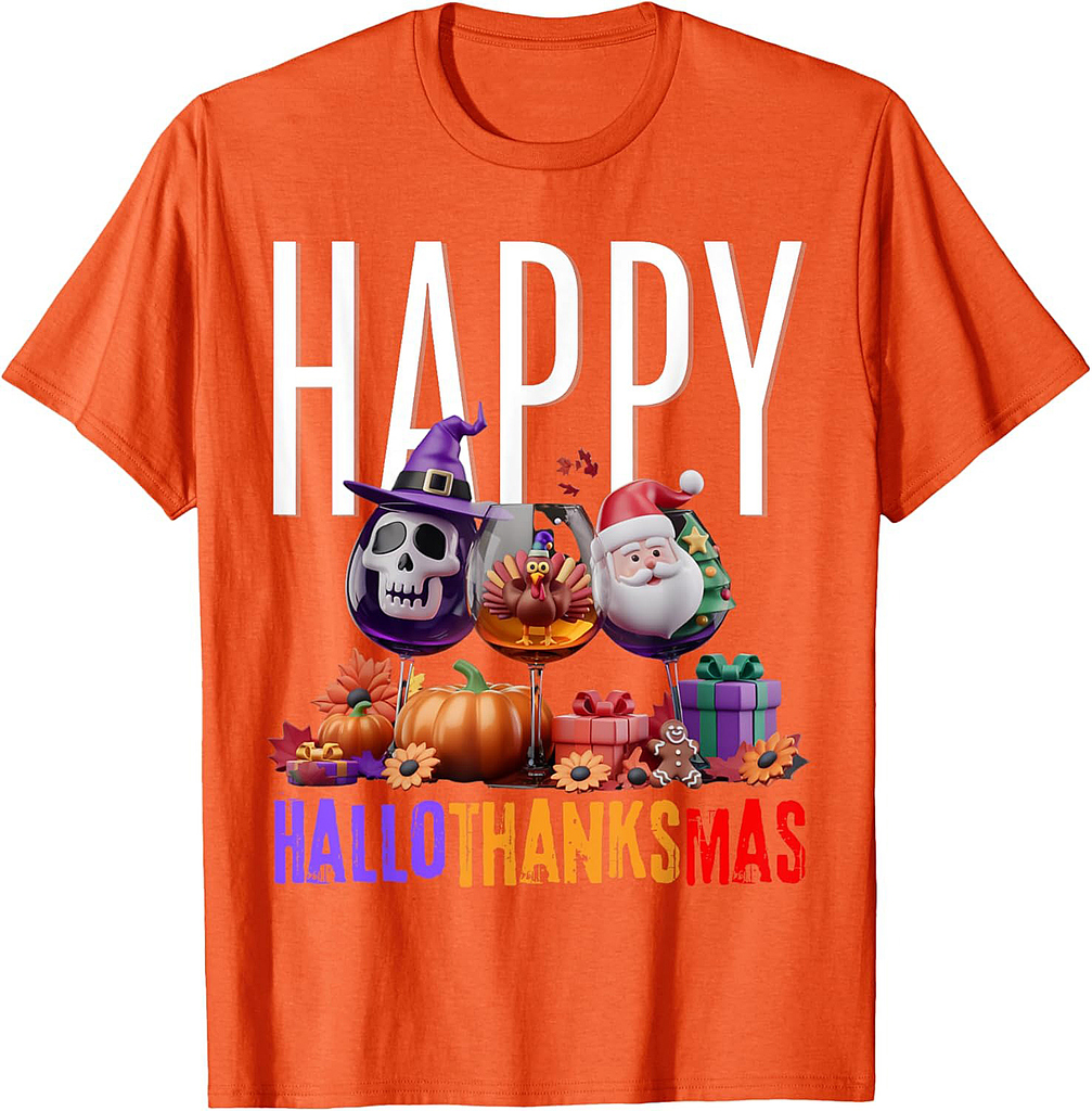Happy Hallothanksmas Halloween Thanksgiving Christmas squad T-Shirt