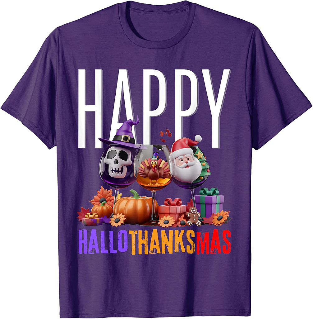 Happy Hallothanksmas Halloween Thanksgiving Christmas squad T-Shirt