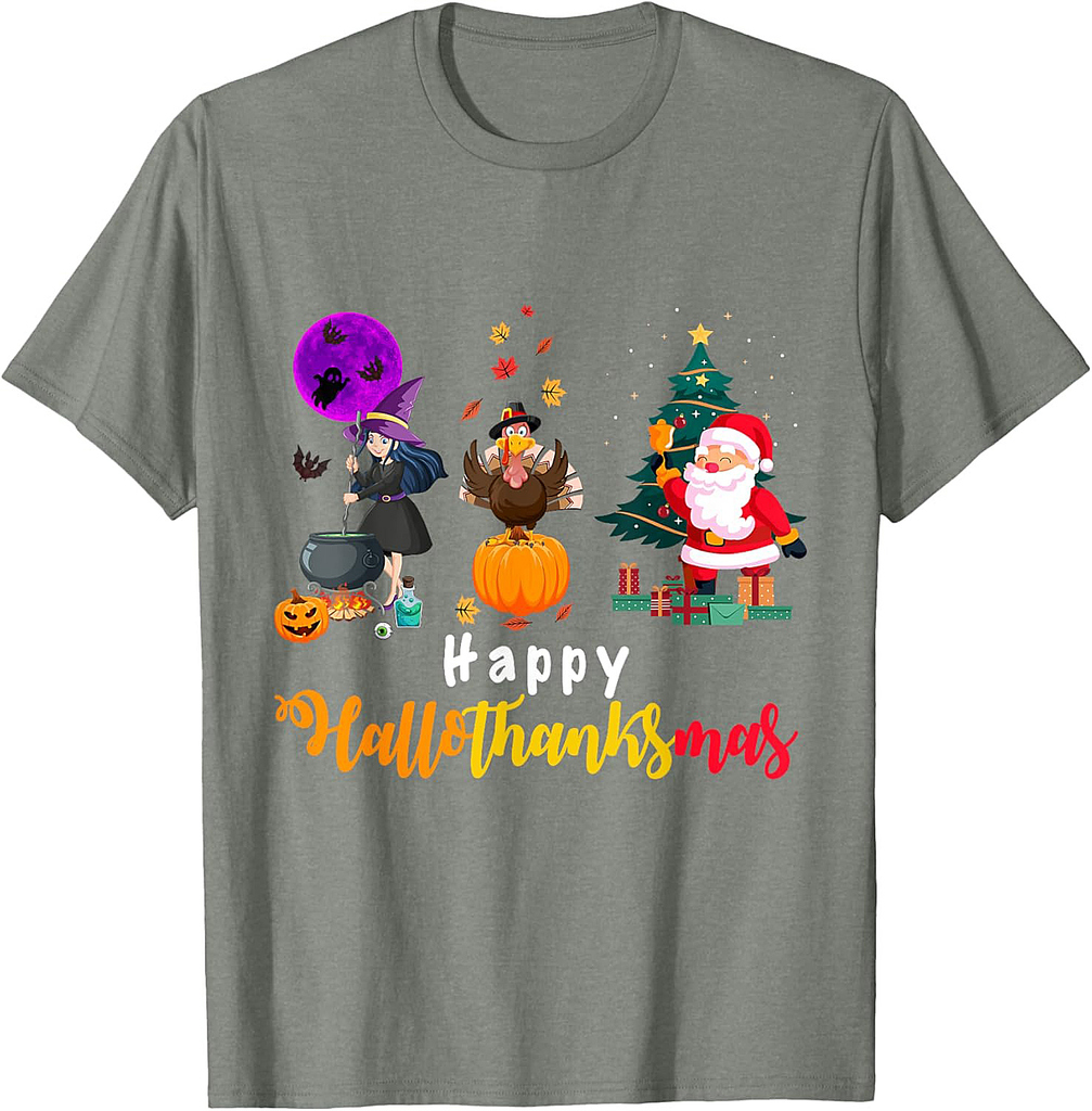 Happy Hallothanksmas Halloween Thanksgiving Merry Christmas T-Shirt