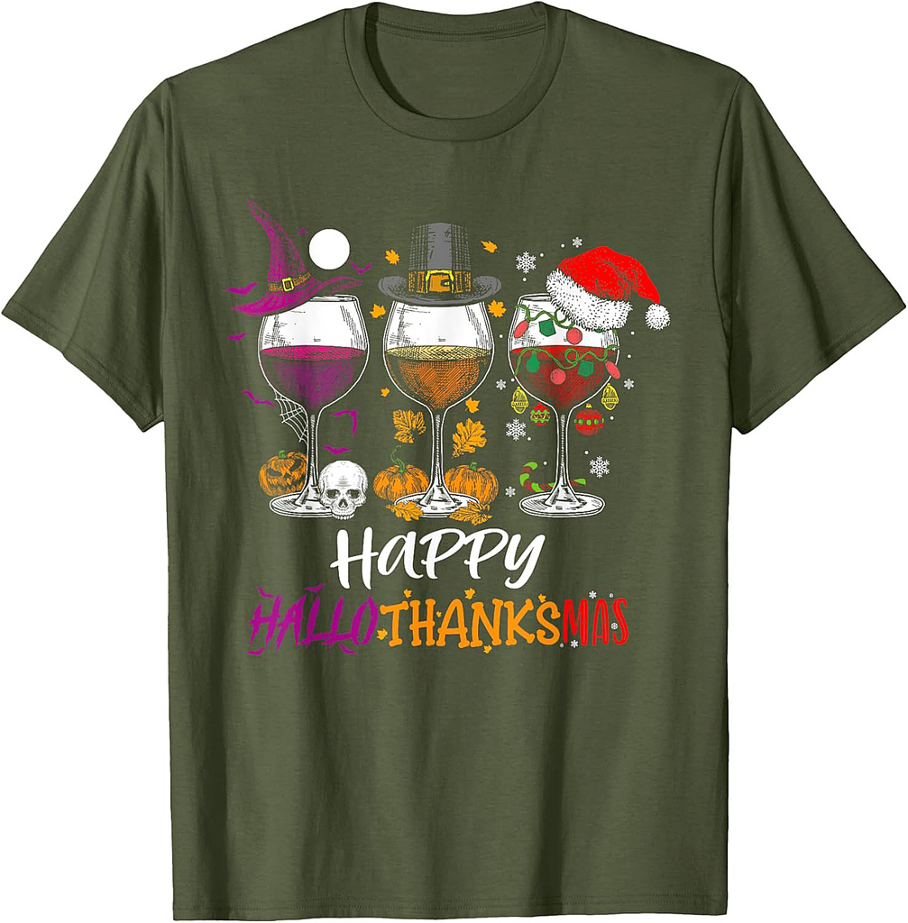 Happy Hallothanksmas Halloween Wine Thanksgiving Christmas T-Shirt