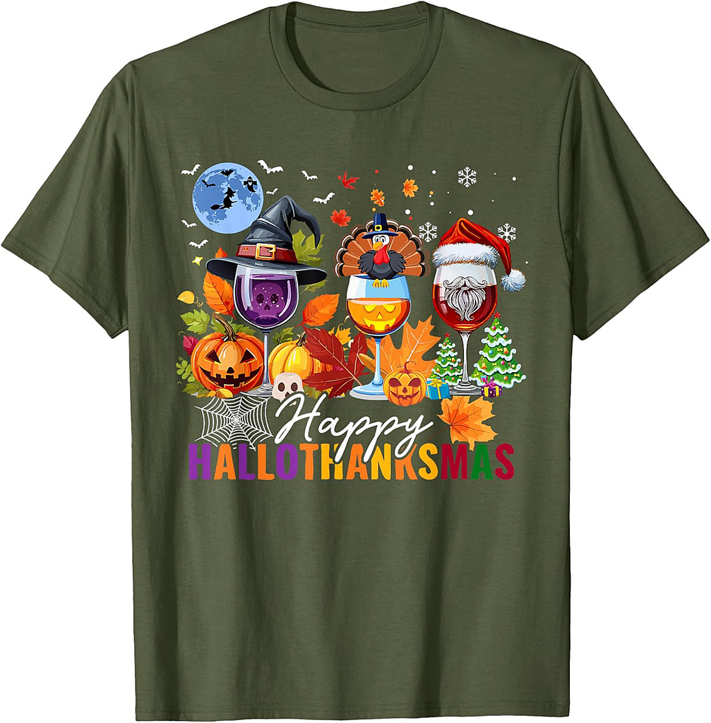 Happy Hallothanksmas Halloween Wine Thanksgiving Christmas T-Shirt