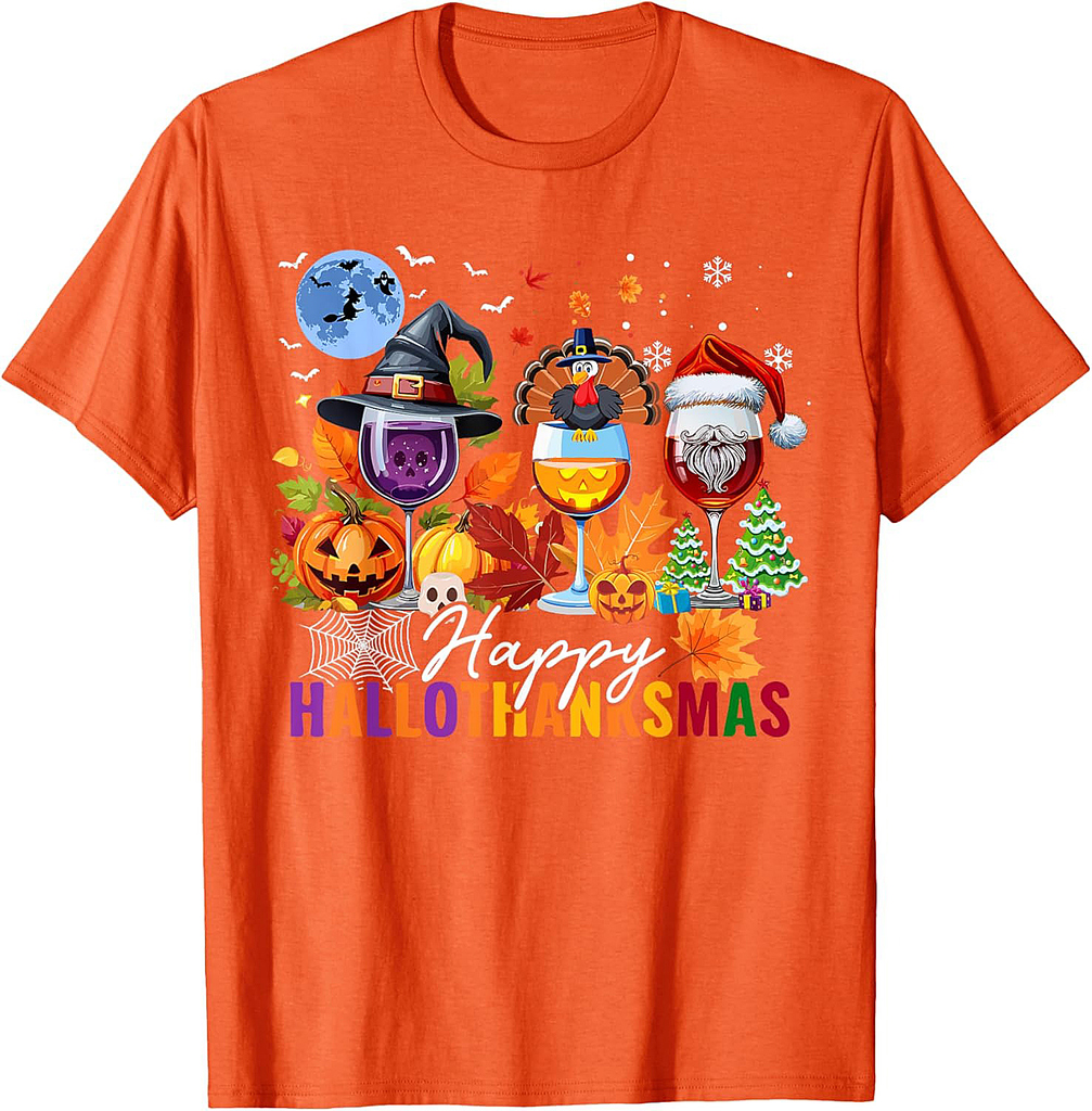 Happy Hallothanksmas Halloween Wine Thanksgiving Christmas T-Shirt