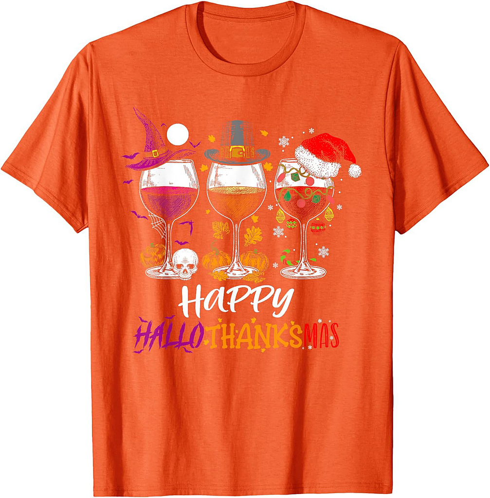 Happy Hallothanksmas Halloween Wine Thanksgiving Christmas T-Shirt