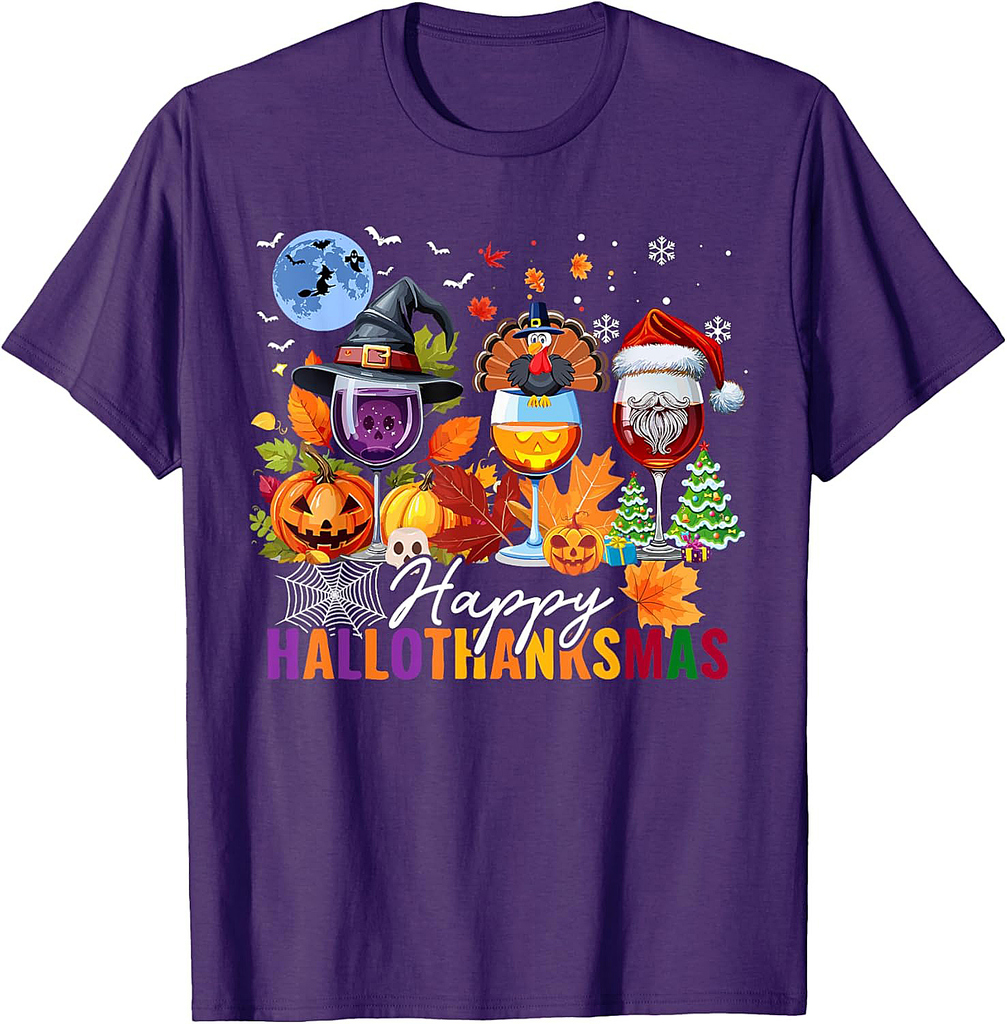 Happy Hallothanksmas Halloween Wine Thanksgiving Christmas T-Shirt