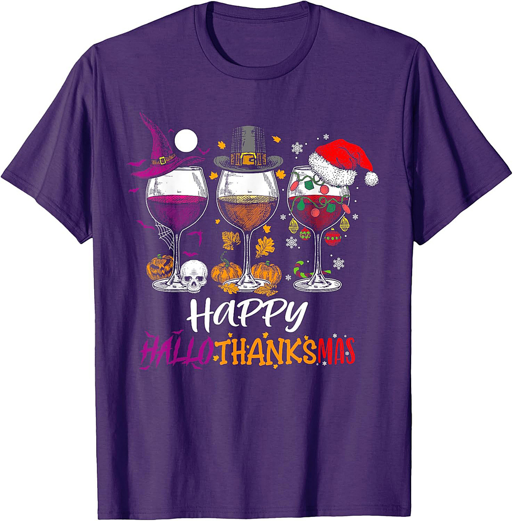 Happy Hallothanksmas Halloween Wine Thanksgiving Christmas T-Shirt