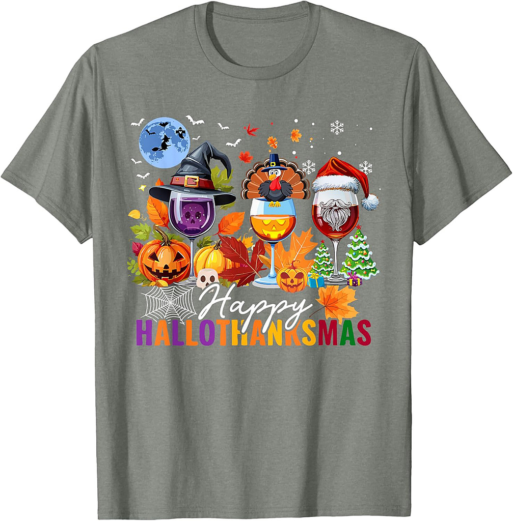 Happy Hallothanksmas Halloween Wine Thanksgiving Christmas T-Shirt
