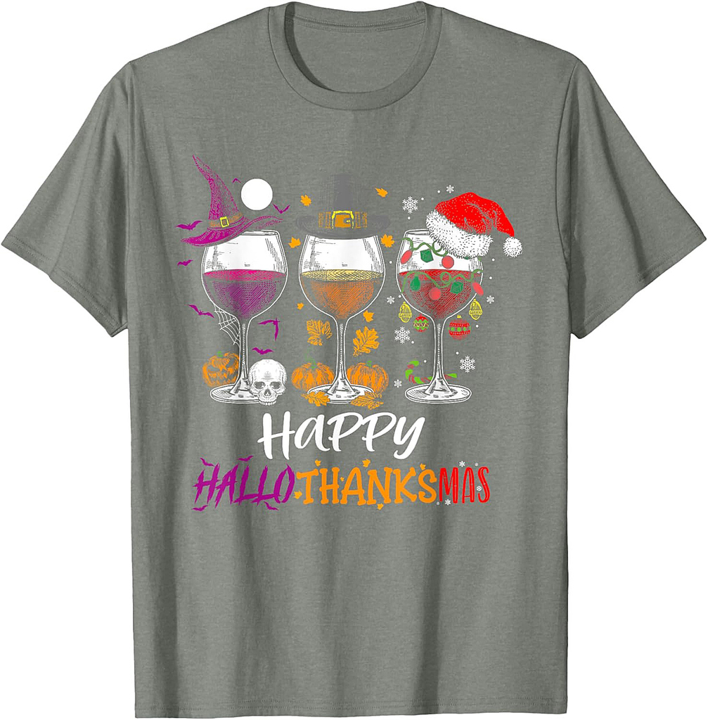 Happy Hallothanksmas Halloween Wine Thanksgiving Christmas T-Shirt