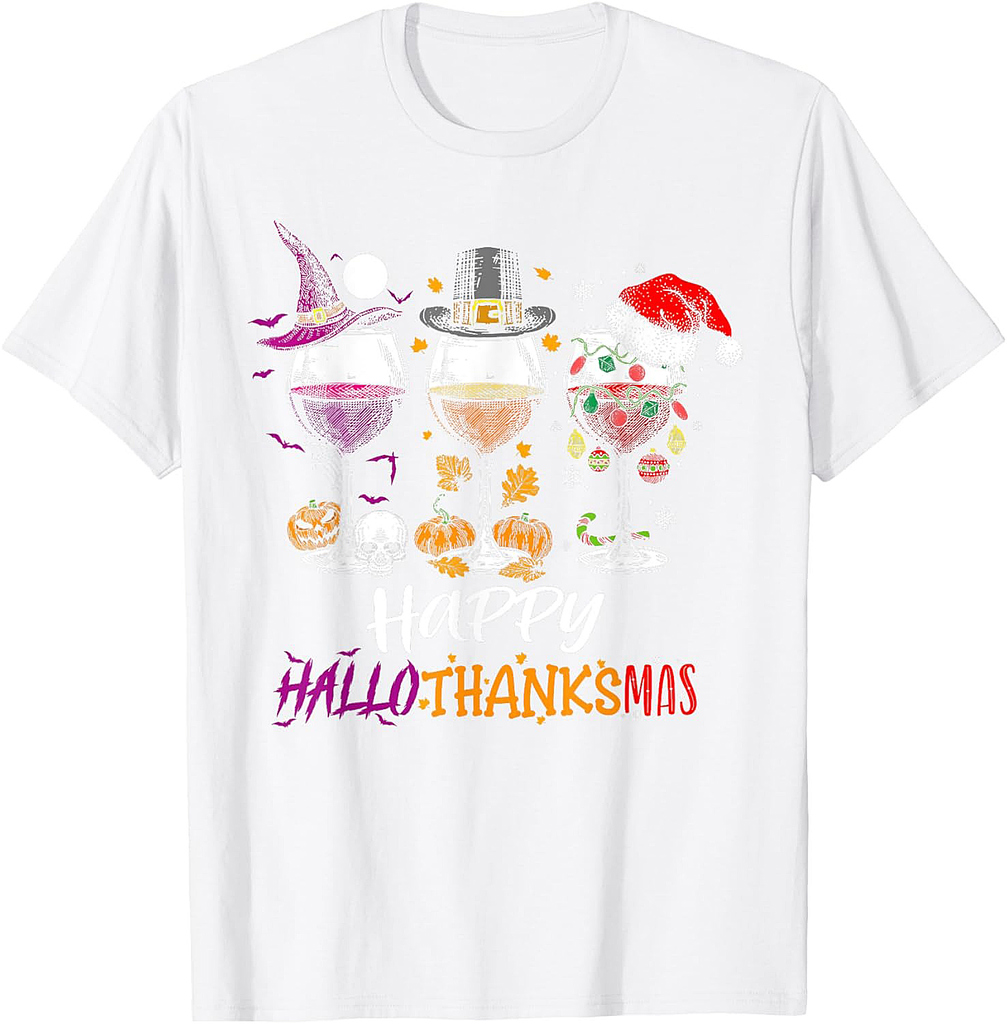 Happy Hallothanksmas Halloween Wine Thanksgiving Christmas T-Shirt