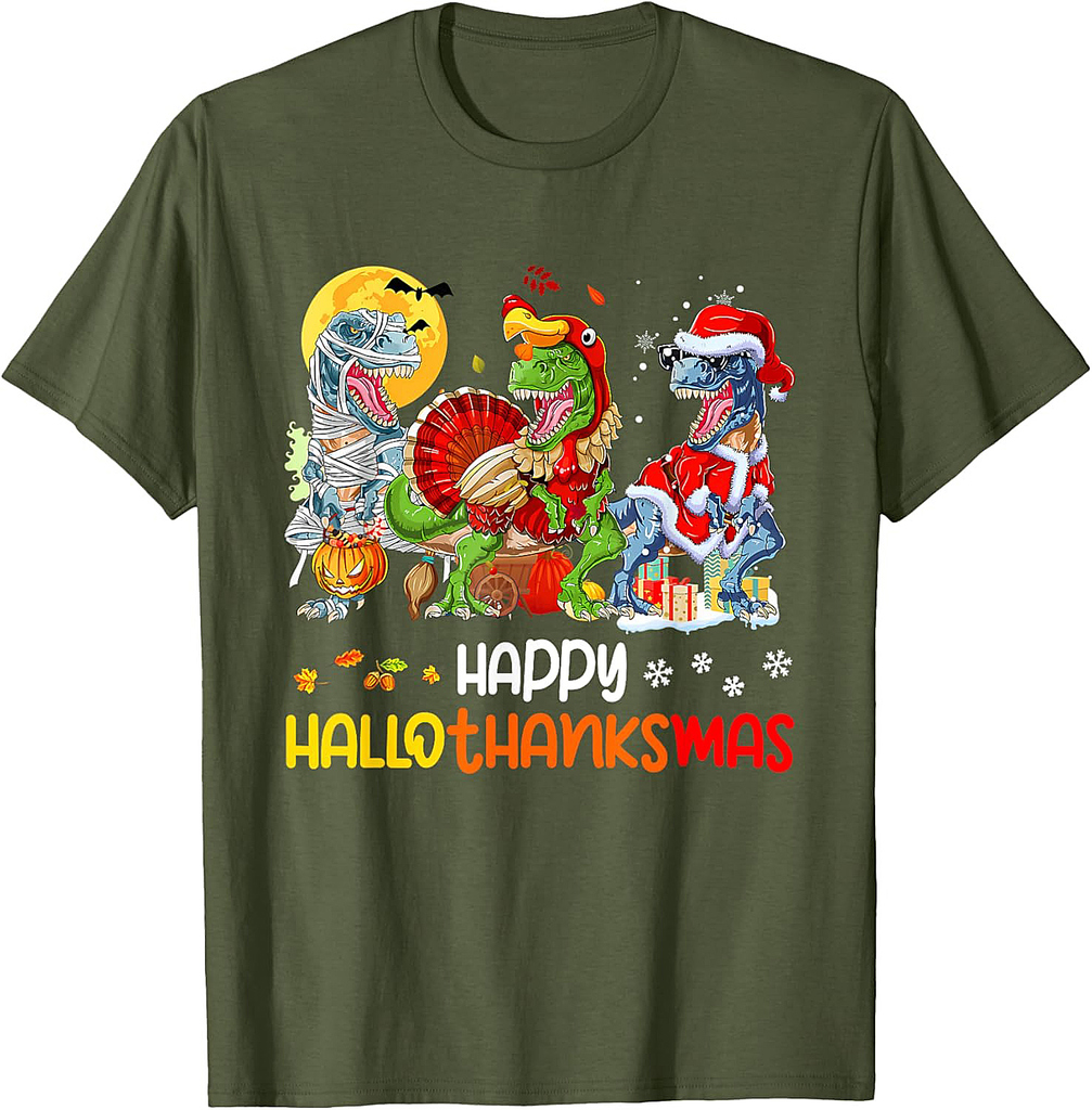 Happy Hallothanksmas Thanksgiving Dinosaur T Rex Turkey T-Shirt