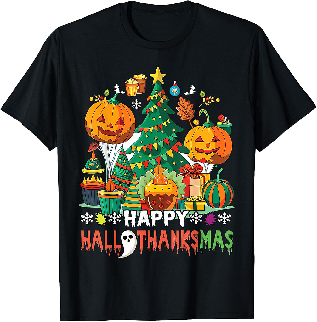 Happy Hallothanksmas Thanksgiving Halloween Merry Christmas T-Shirt