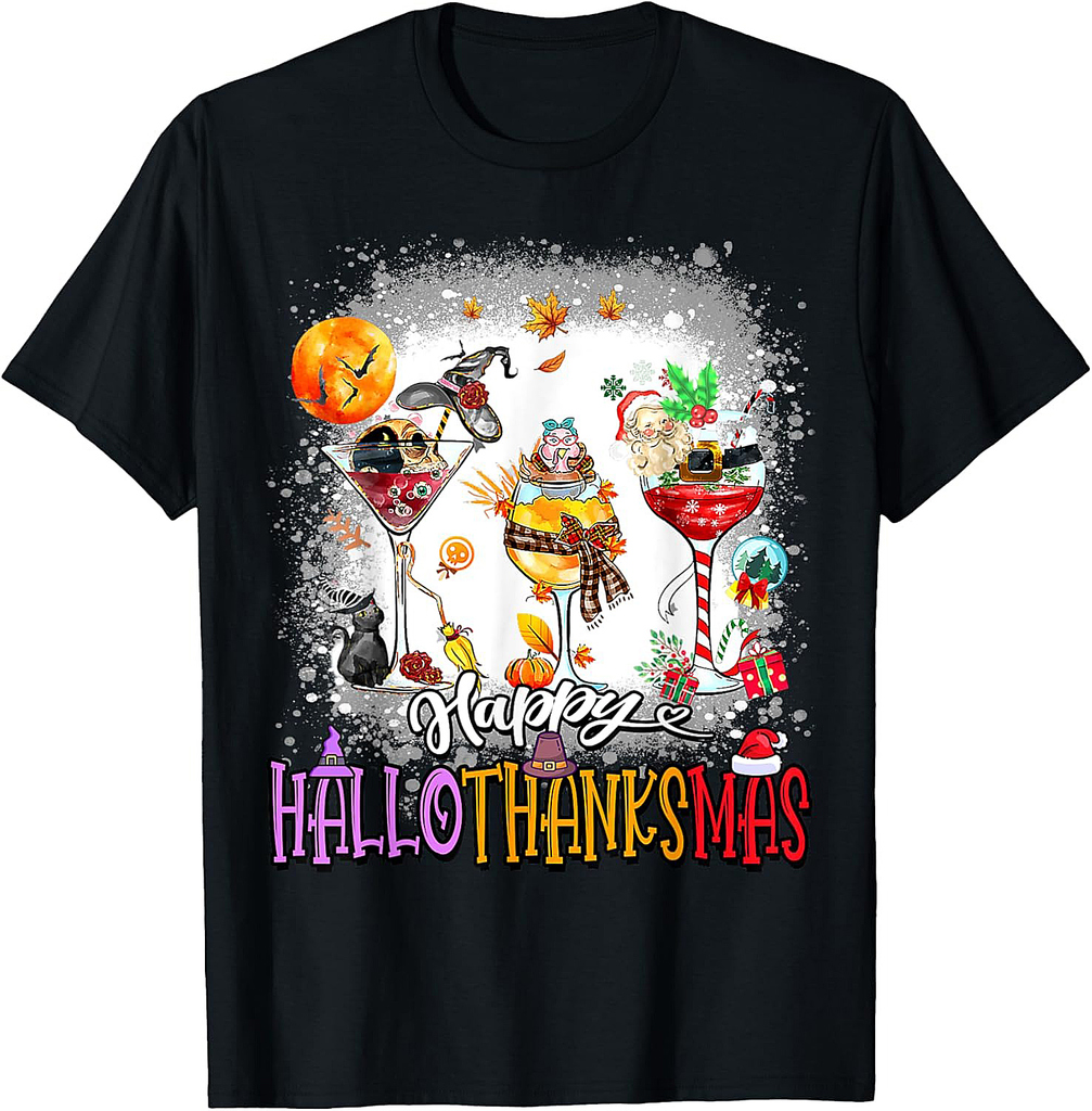 Happy Hallothanksmas Wine Glass Halloween thanksgiving Xmas T-Shirt