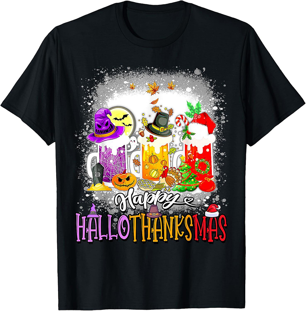 Happy Hallothanksmas Wine Glass Halloween thanksgiving Xmas T-Shirt