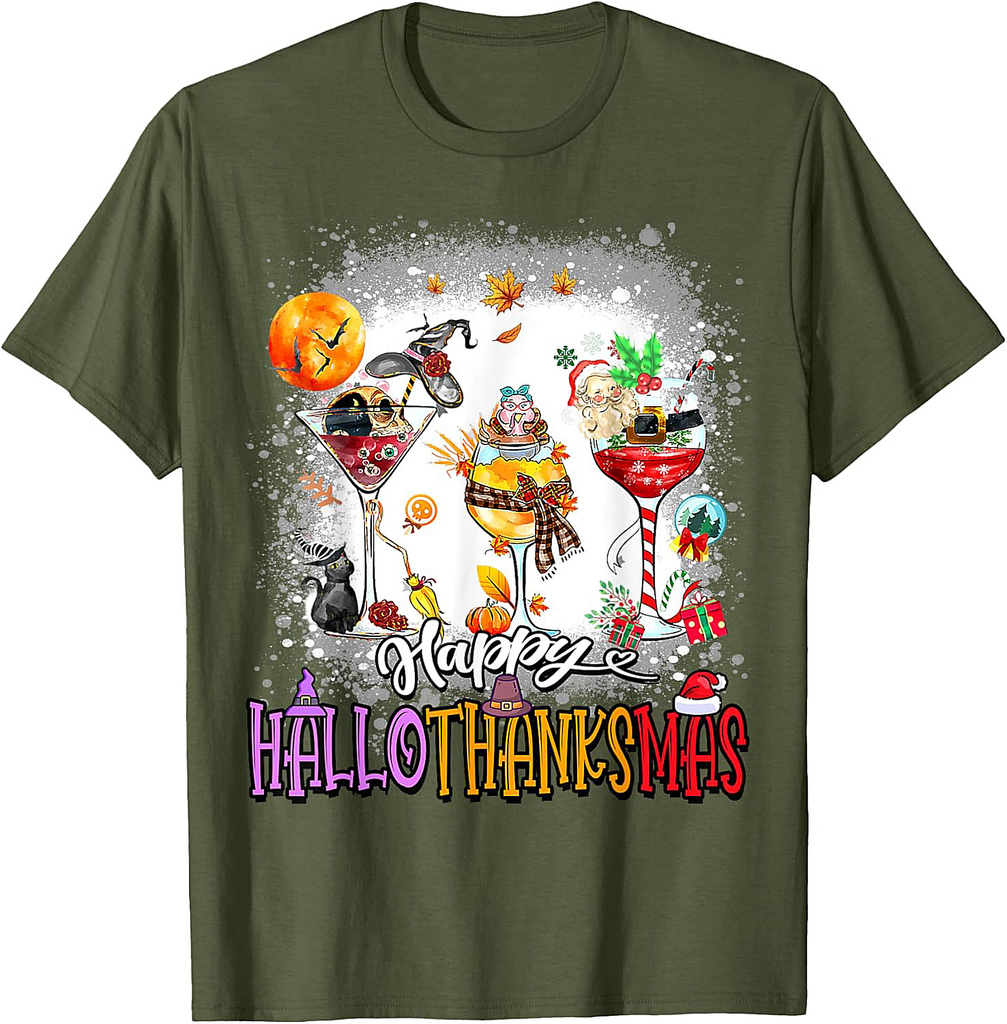Happy Hallothanksmas Wine Glass Halloween thanksgiving Xmas T-Shirt