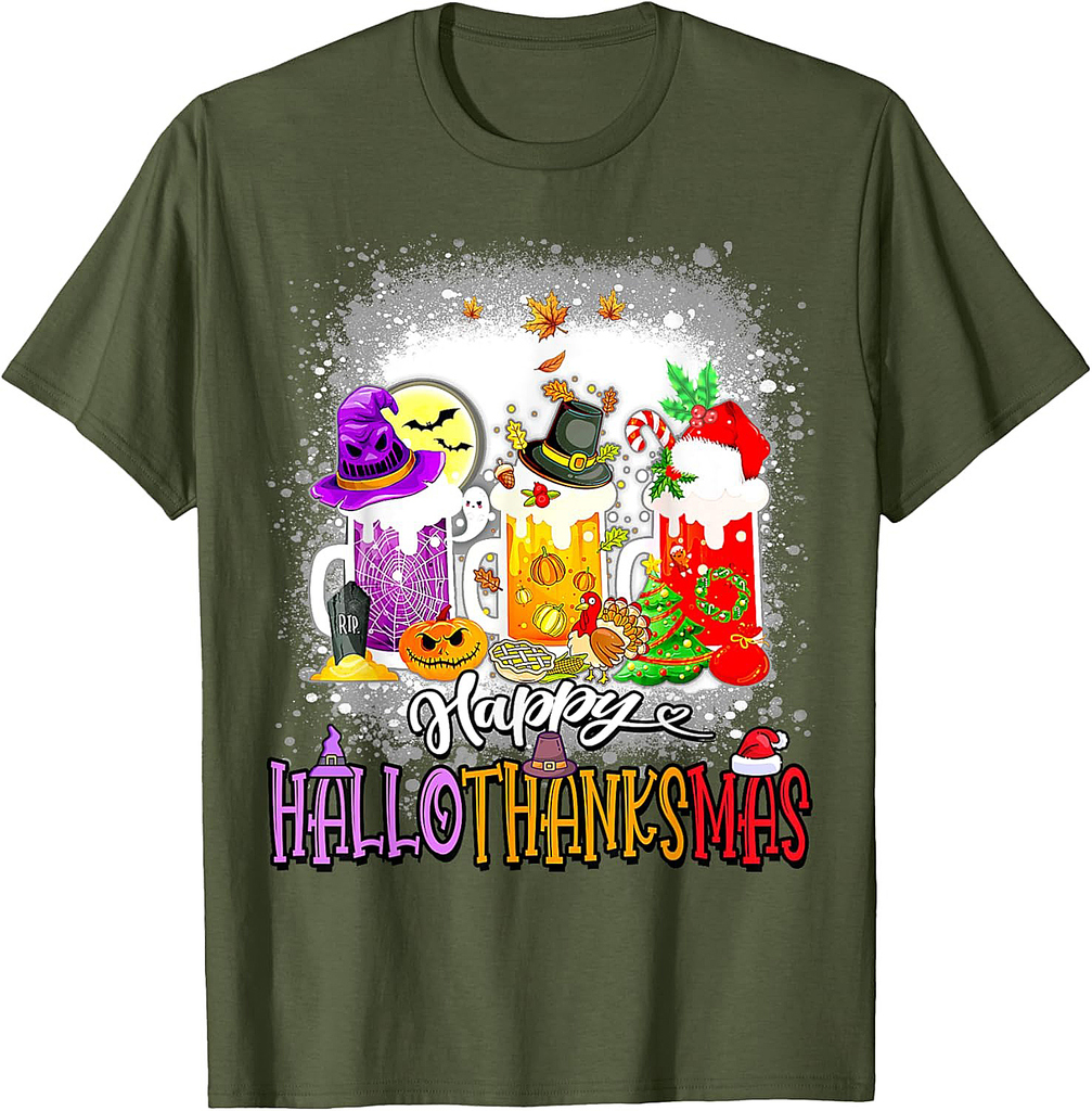 Happy Hallothanksmas Wine Glass Halloween thanksgiving Xmas T-Shirt