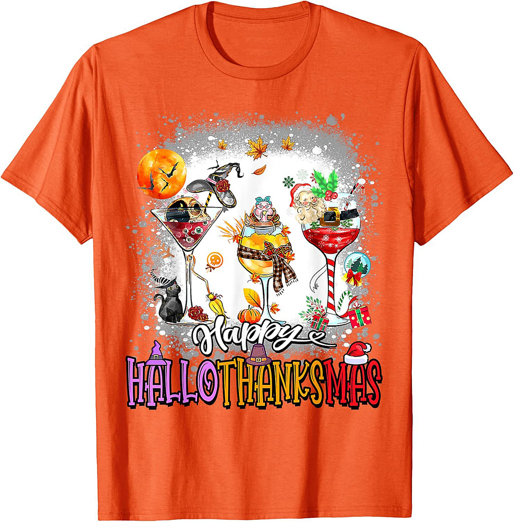 Happy Hallothanksmas Wine Glass Halloween thanksgiving Xmas T-Shirt