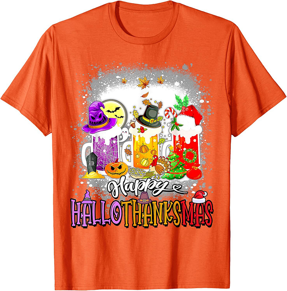 Happy Hallothanksmas Wine Glass Halloween thanksgiving Xmas T-Shirt