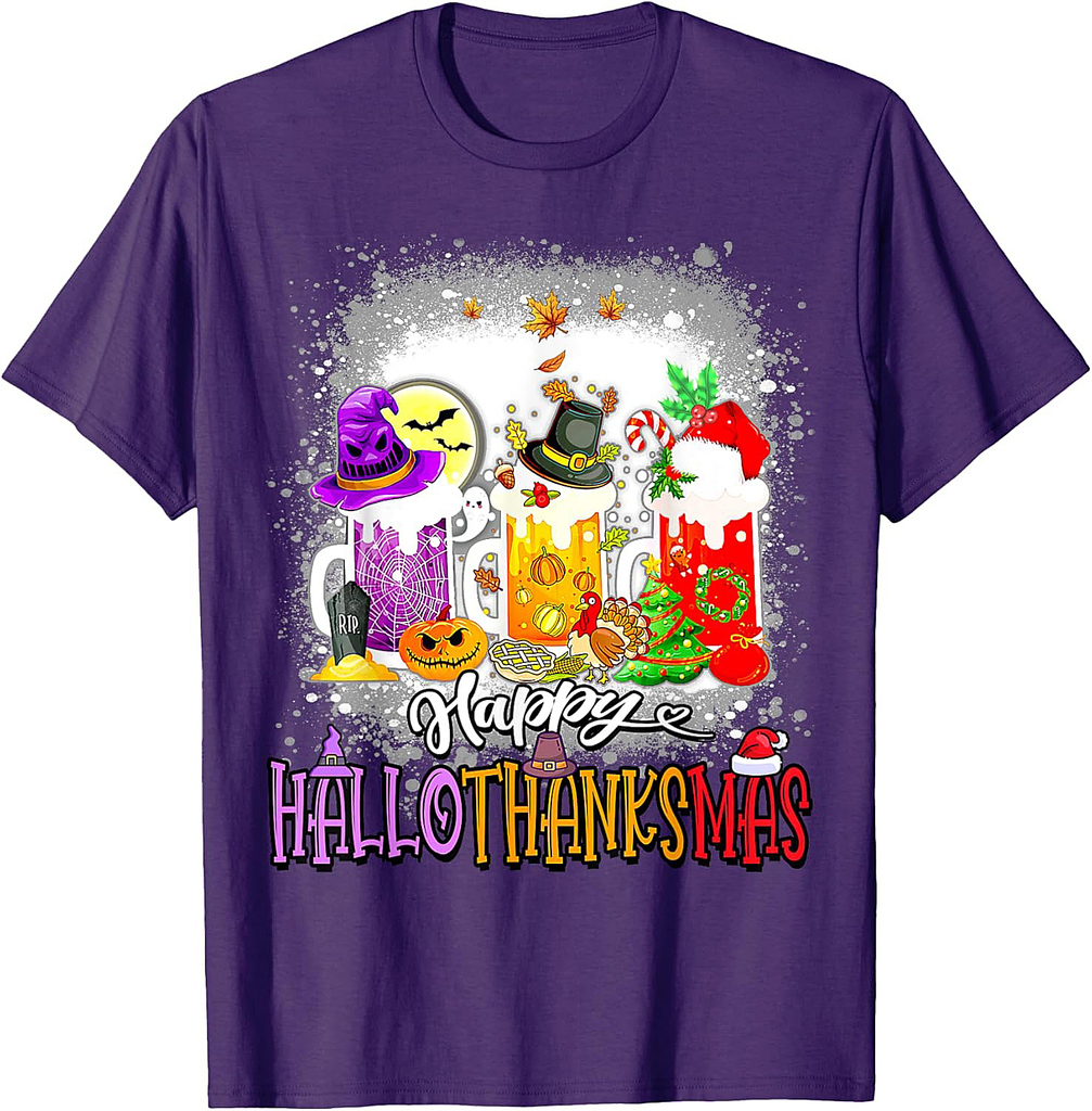 Happy Hallothanksmas Wine Glass Halloween thanksgiving Xmas T-Shirt