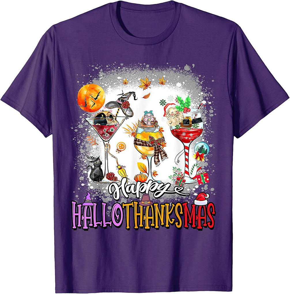 Happy Hallothanksmas Wine Glass Halloween thanksgiving Xmas T-Shirt