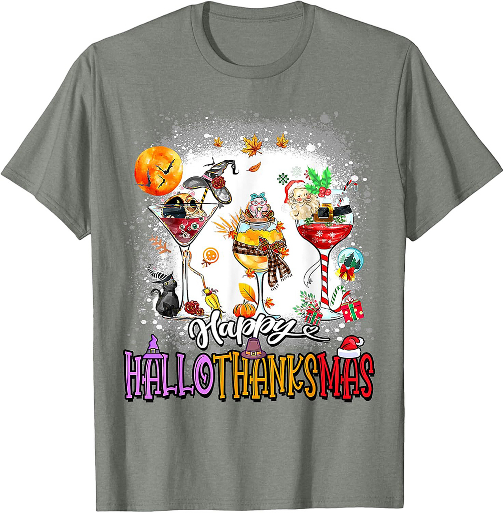 Happy Hallothanksmas Wine Glass Halloween thanksgiving Xmas T-Shirt