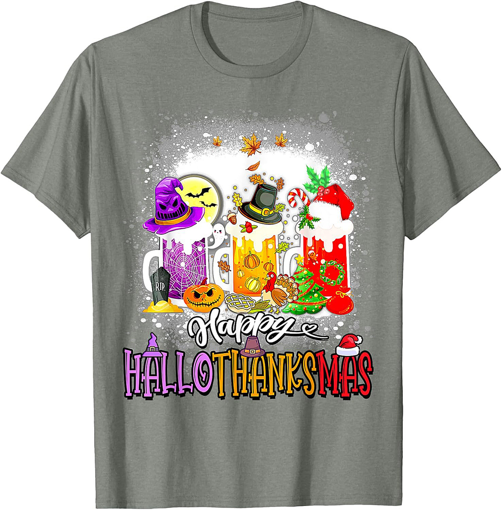 Happy Hallothanksmas Wine Glass Halloween thanksgiving Xmas T-Shirt
