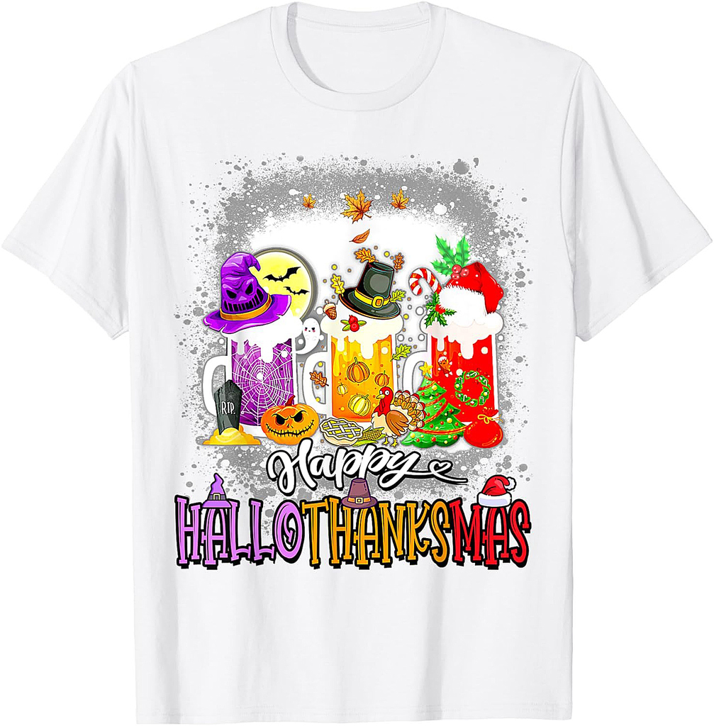 Happy Hallothanksmas Wine Glass Halloween thanksgiving Xmas T-Shirt