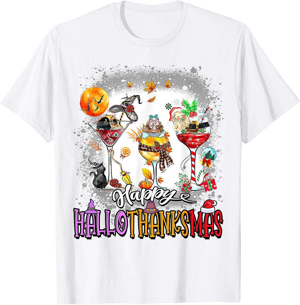 Happy Hallothanksmas Wine Glass Halloween thanksgiving Xmas T-Shirt