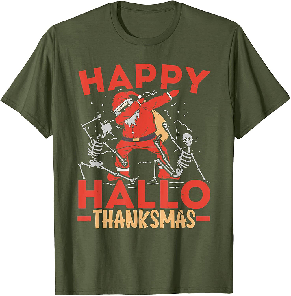 Happy Hallothanksmas Wine Halloween Thanksgiving Christmas T-Shirt