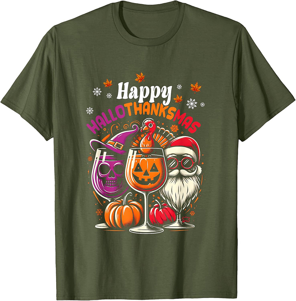 Happy Hallothanksmas Wine Halloween Thanksgiving Christmas T-Shirt