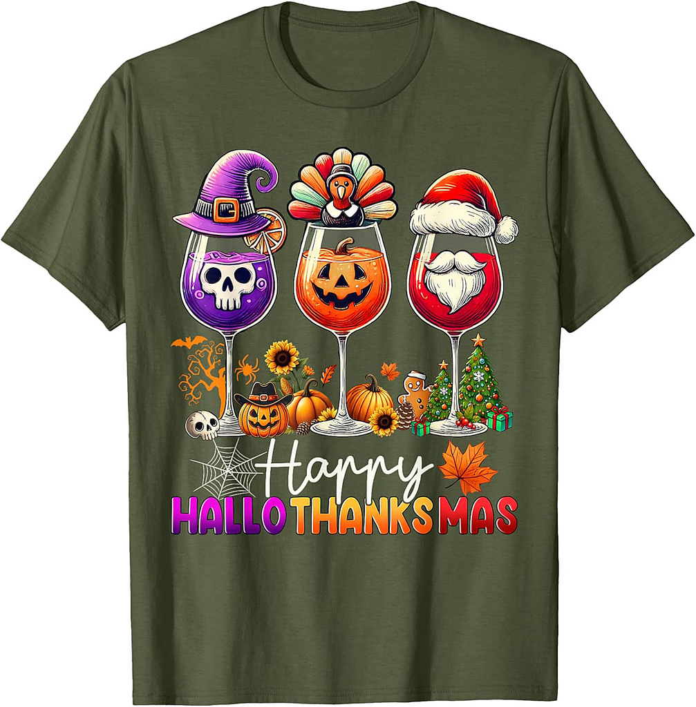 Happy Hallothanksmas Wine Halloween Thanksgiving Christmas T-Shirt