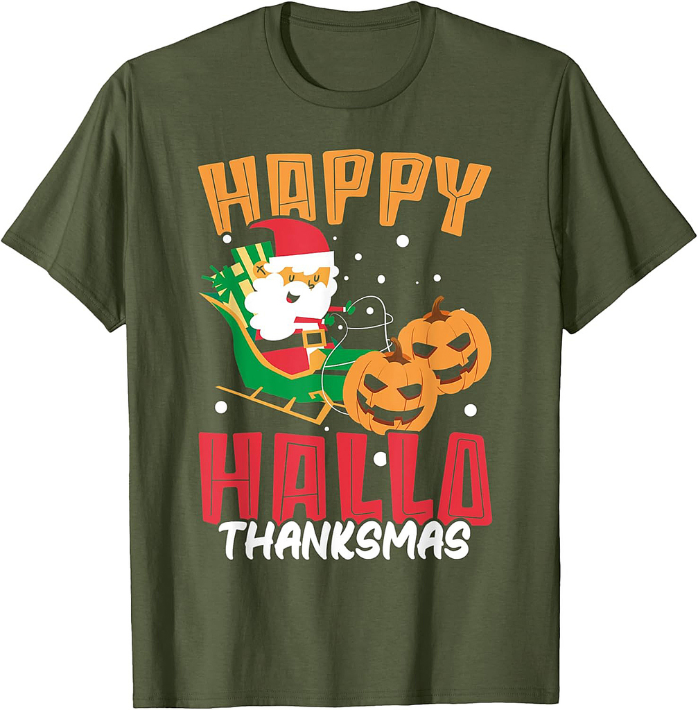 Happy Hallothanksmas Wine Halloween Thanksgiving Christmas T-Shirt