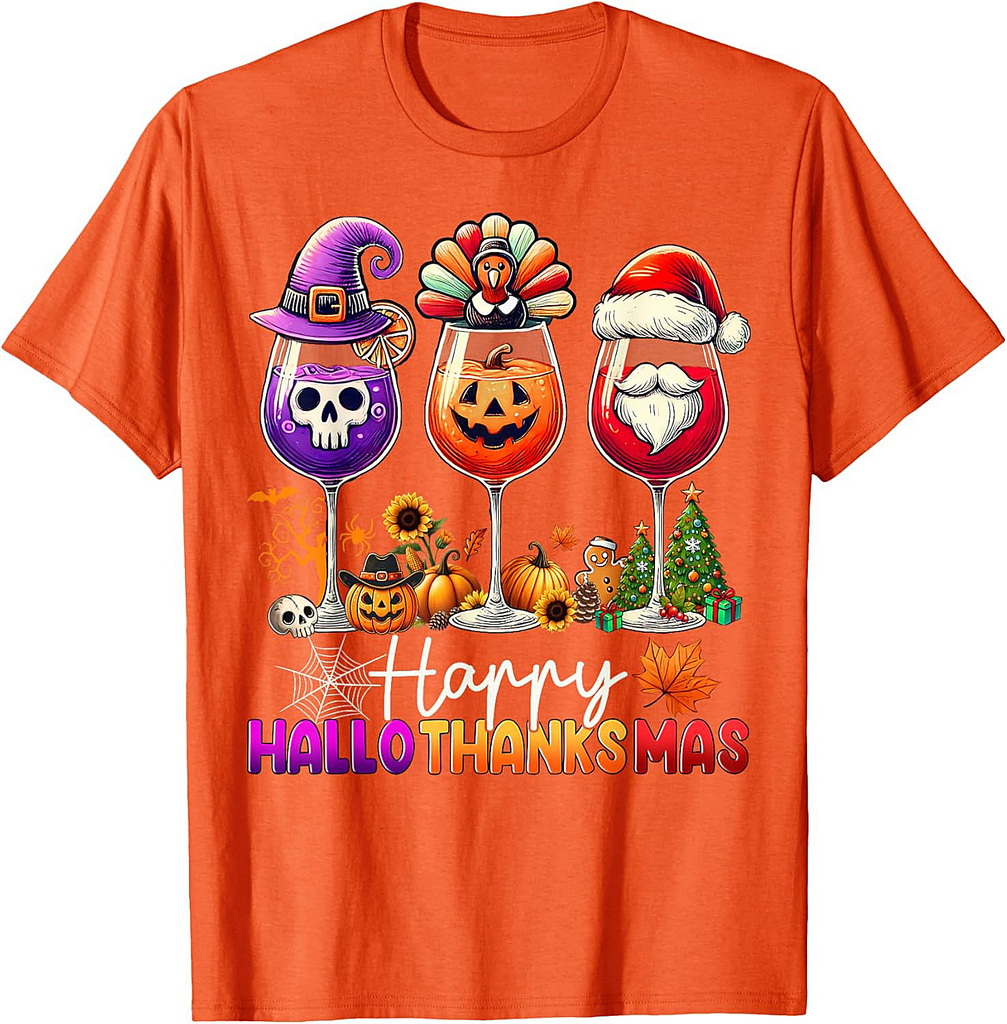 Happy Hallothanksmas Wine Halloween Thanksgiving Christmas T-Shirt