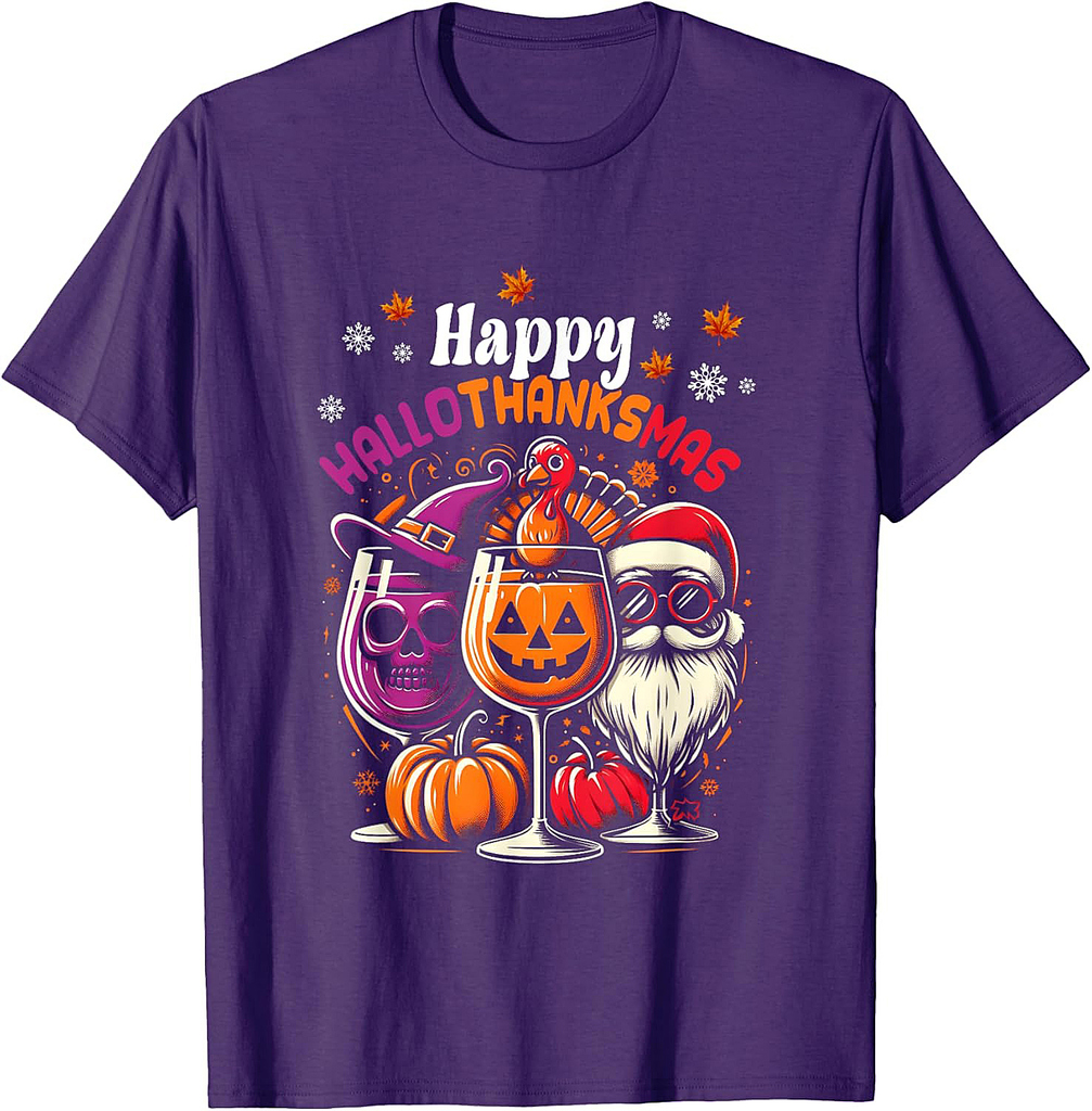 Happy Hallothanksmas Wine Halloween Thanksgiving Christmas T-Shirt