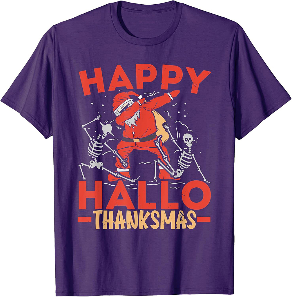 Happy Hallothanksmas Wine Halloween Thanksgiving Christmas T-Shirt
