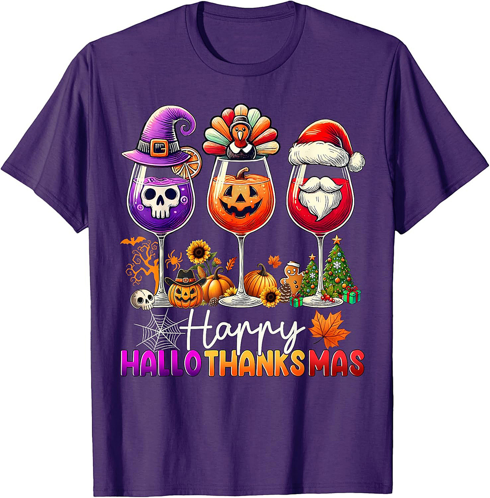 Happy Hallothanksmas Wine Halloween Thanksgiving Christmas T-Shirt