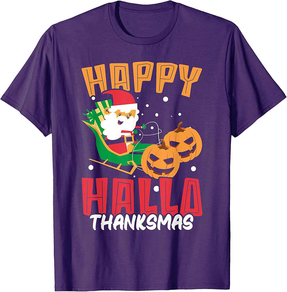 Happy Hallothanksmas Wine Halloween Thanksgiving Christmas T-Shirt