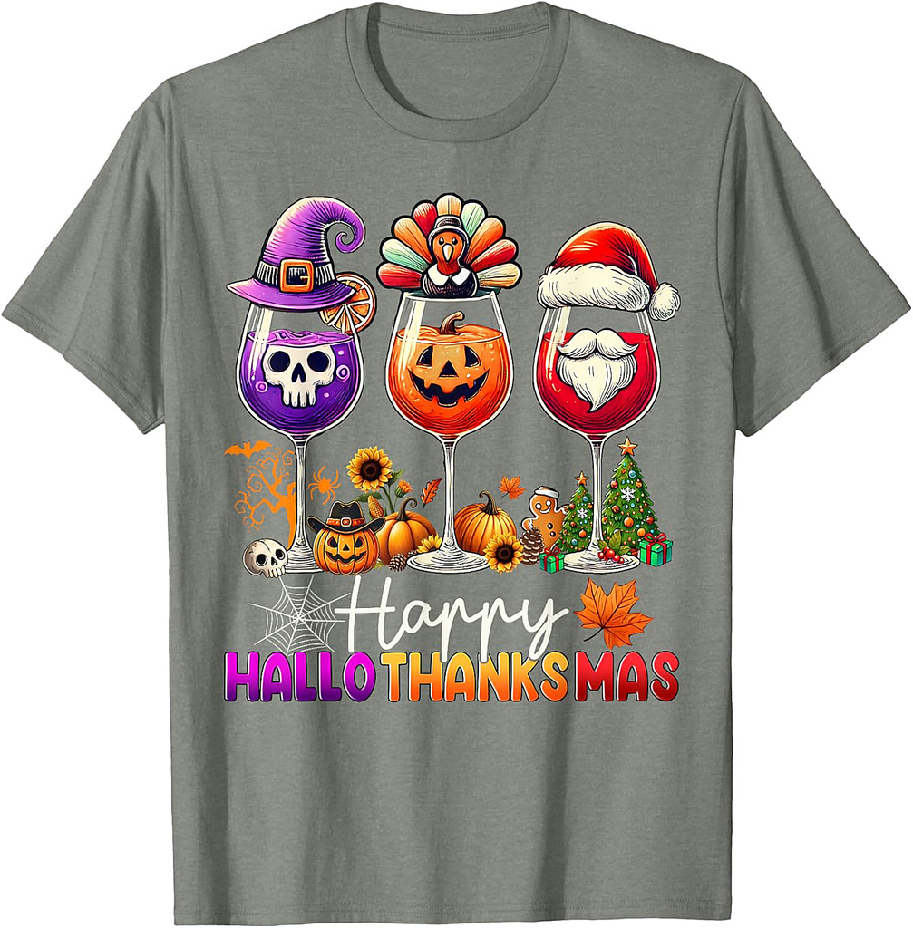 Happy Hallothanksmas Wine Halloween Thanksgiving Christmas T-Shirt