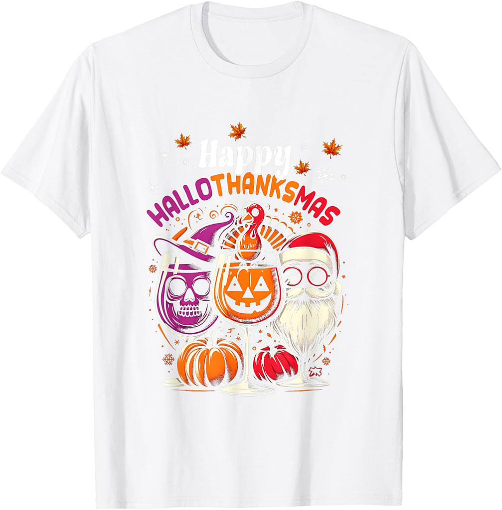 Happy Hallothanksmas Wine Halloween Thanksgiving Christmas T-Shirt
