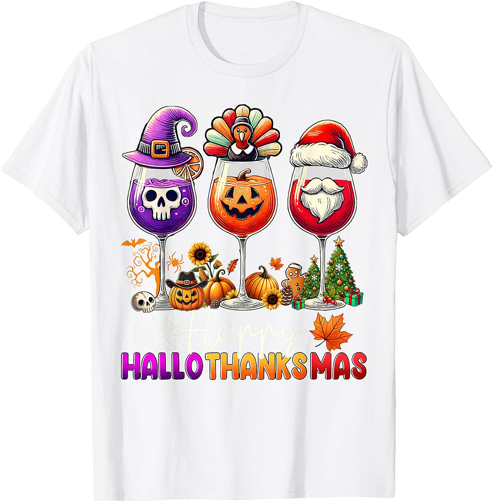 Happy Hallothanksmas Wine Halloween Thanksgiving Christmas T-Shirt
