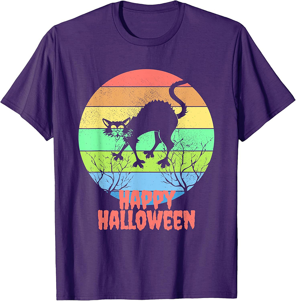 Happy Halloween Cat Vintage Women Men Kids Funny Scary Gift T-Shirt