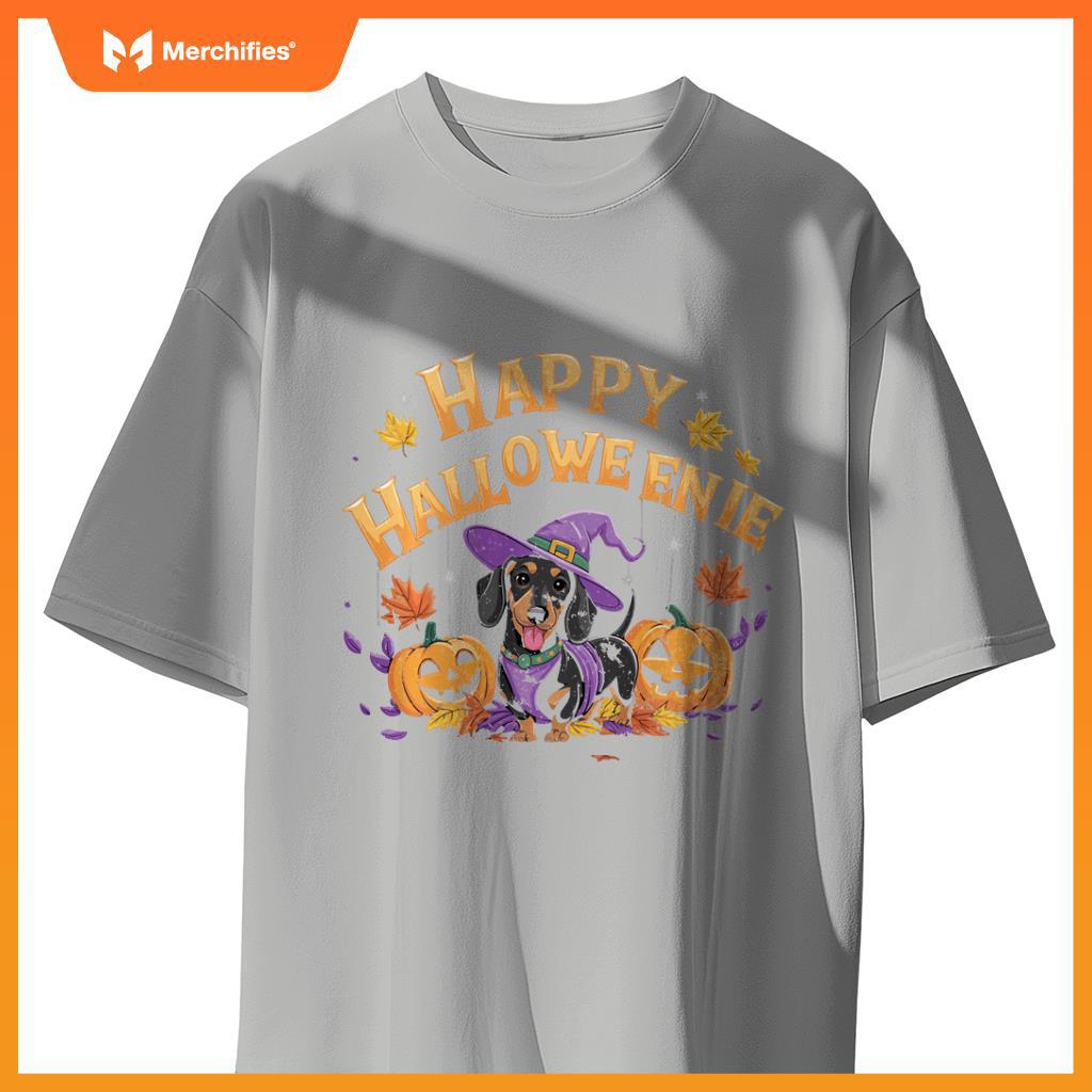 Happy Halloweenie Dachshund Witch Dog Halloween Pumpkin T-Shirt