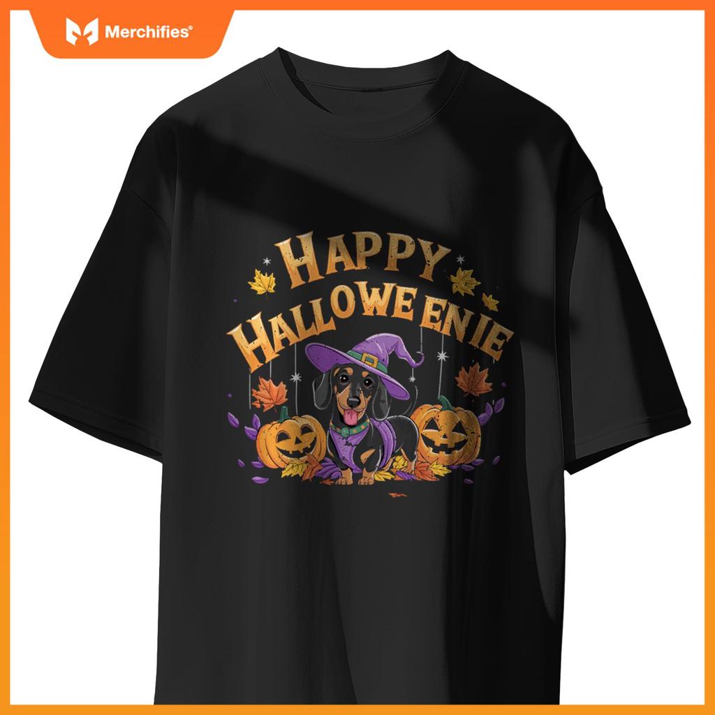 Happy Halloweenie Dachshund Witch Dog Halloween Pumpkin T-Shirt