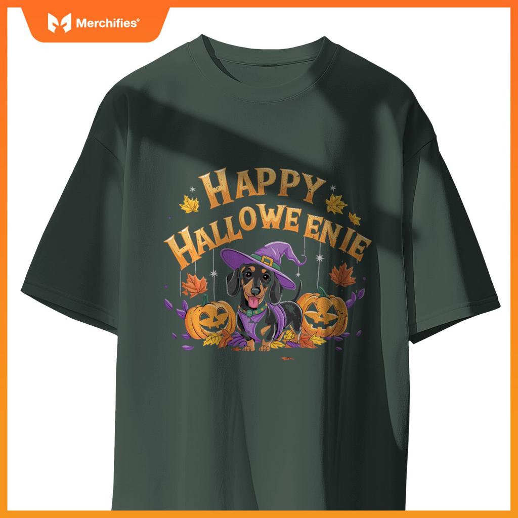 Happy Halloweenie Dachshund Witch Dog Halloween Pumpkin T-Shirt